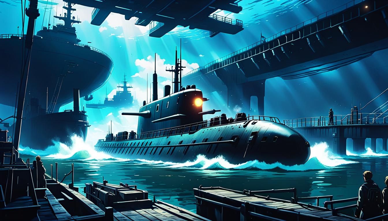 Submarine Repair in Drained Dock: Cel-Shaded Anime Style