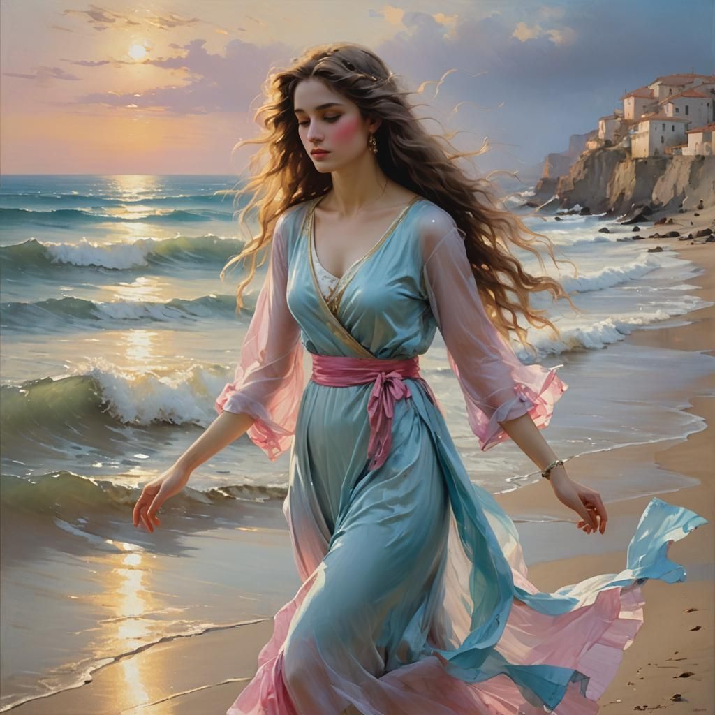Serene Woman with Flowing Hair in Pastel Hues