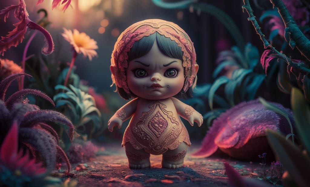 Whimsical Doll in Lush Magical Garden Art