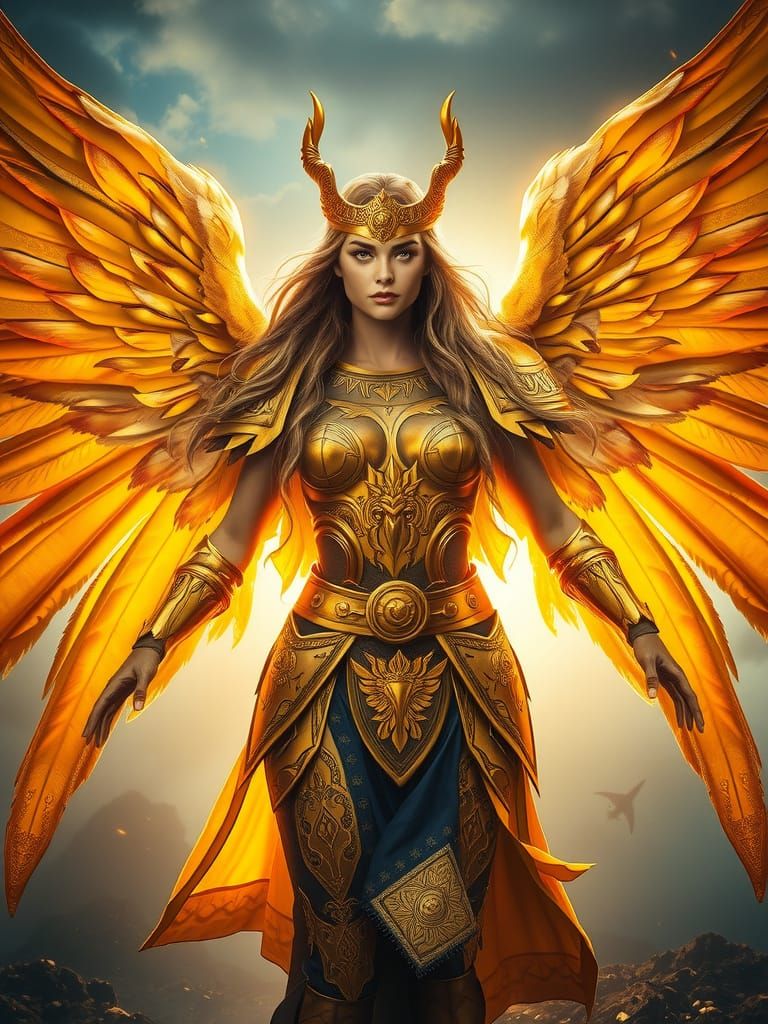 Majestic Valkyrie with Golden Armor and Feathered Wings
