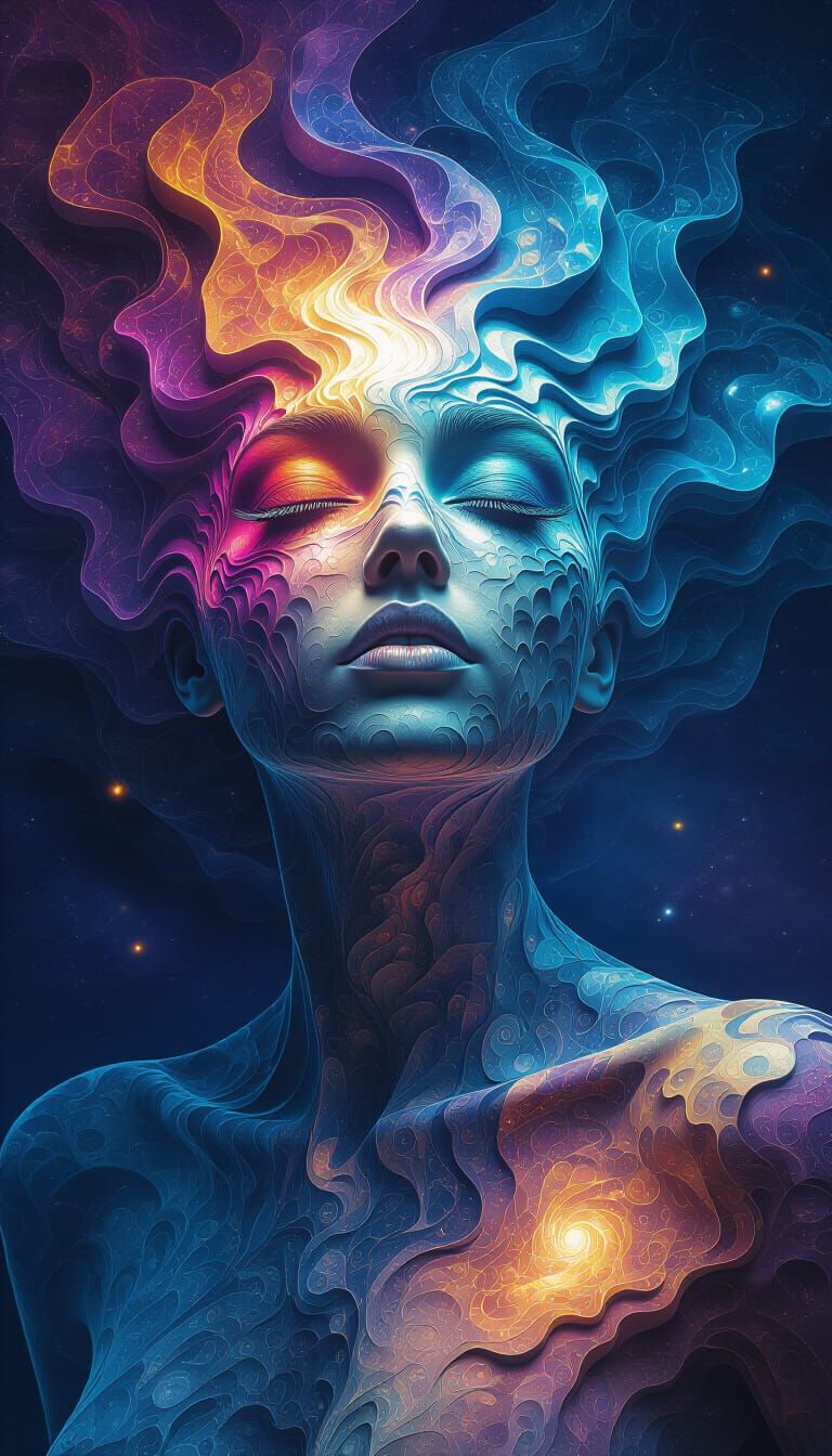 Galactic Woman with Fractal Nebula Skin in Cosmic Space