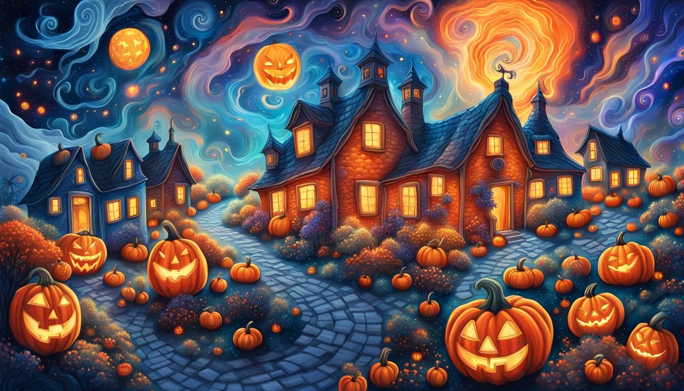 Cosmic Halloween Village in Pablo Amaringo Style