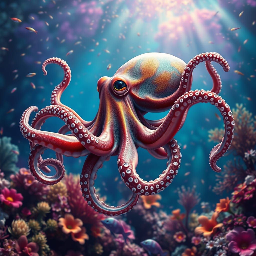 Octopus in Vibrant Coral Reef Landscape