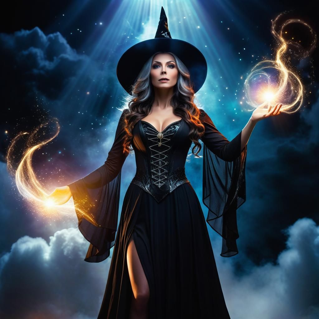 Majestic Witch in Heaven with Magic Lights
