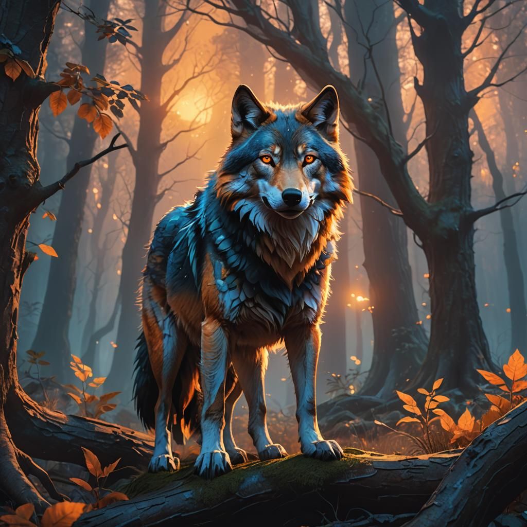 Wolf with Glowing Eyes in Mystical Forest