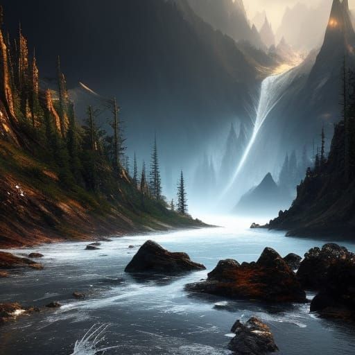 Ominous Mountains with Volumetric Lighting and Paint Bursts