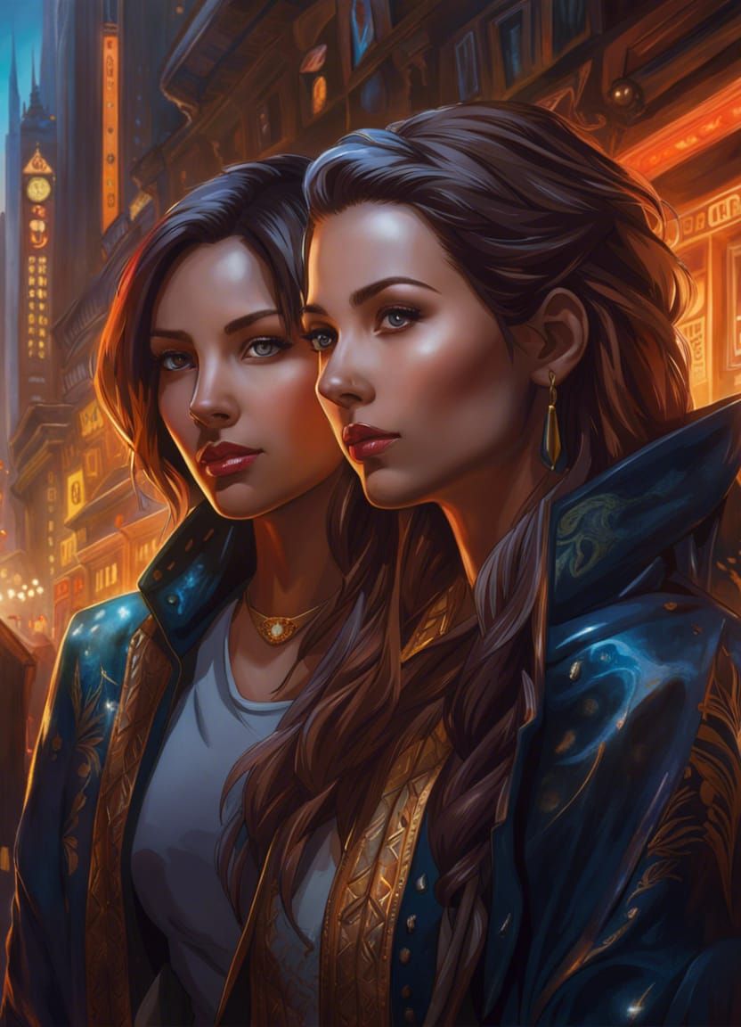 Gemini Twins in Bustling Cityscape, Digital Art