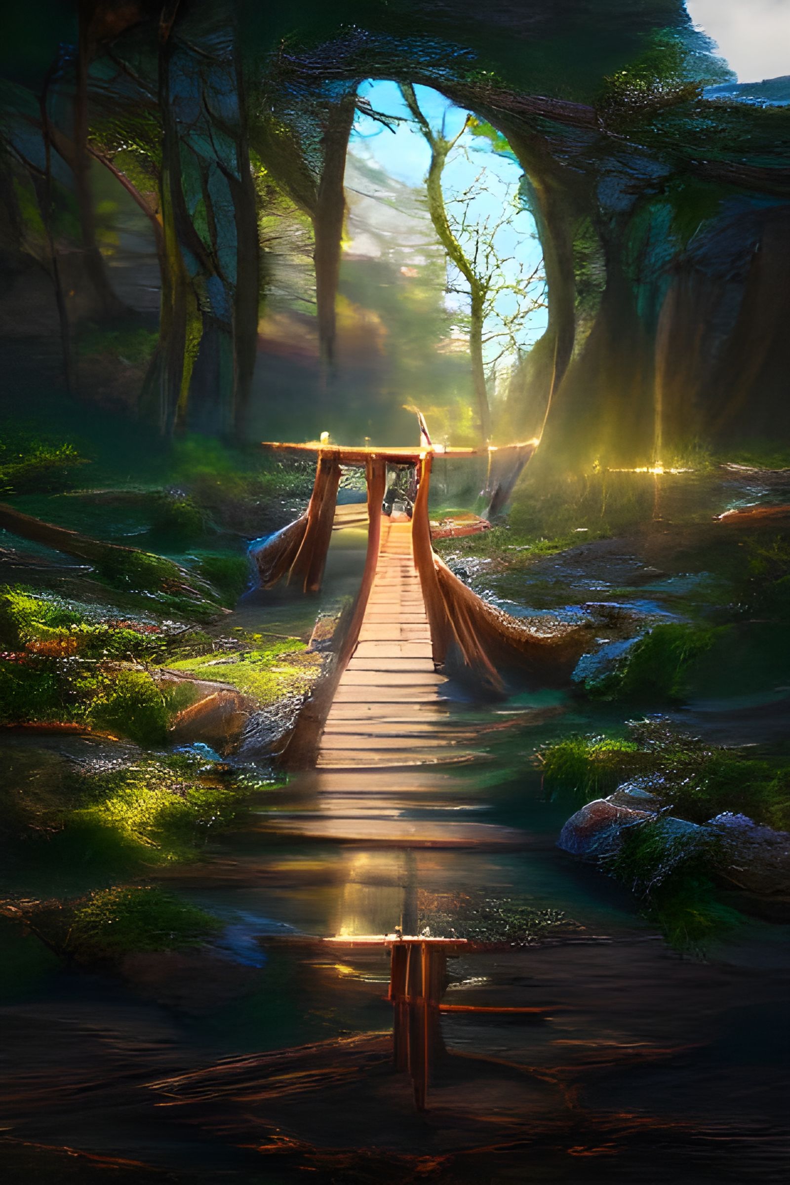 Sunlit Elven Forest Bridge: Matte Painting, 8K