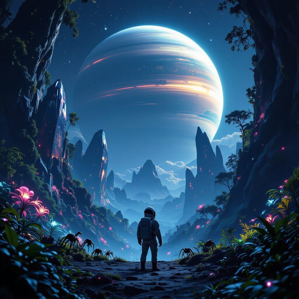 Astronaut Gazes at Ringed Planet Over Alien Jungle