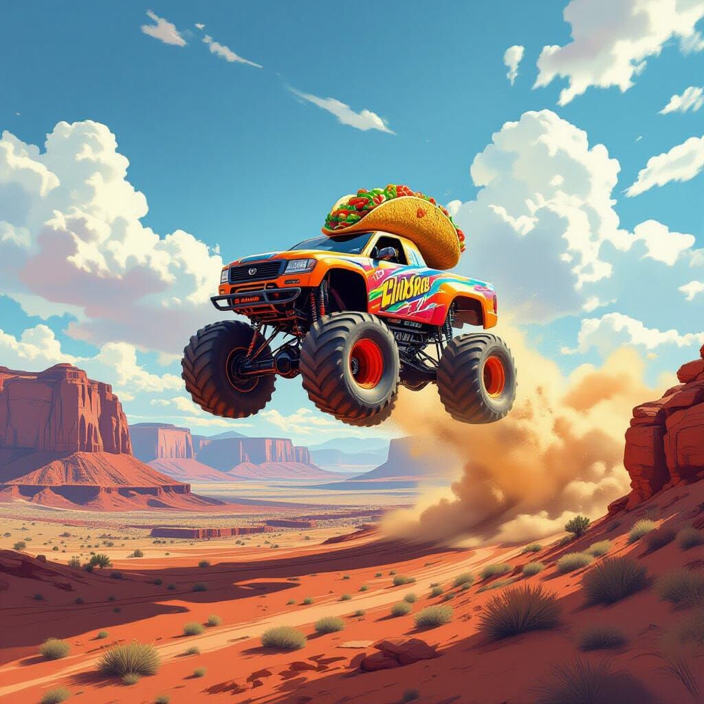 Taco Monster Truck Soaring Over Utah Landscape