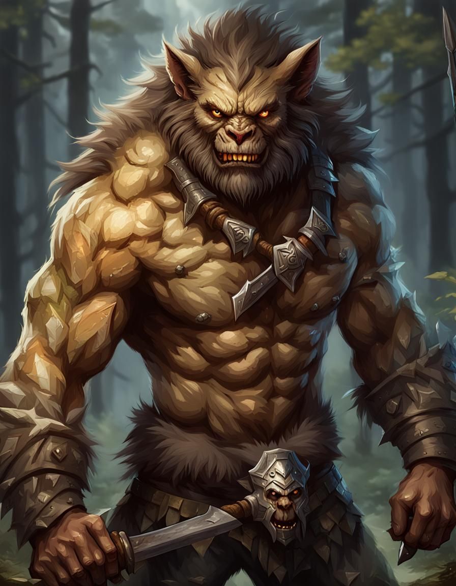 Hyperrealistic Bugbear Warrior with Glaive in Forest