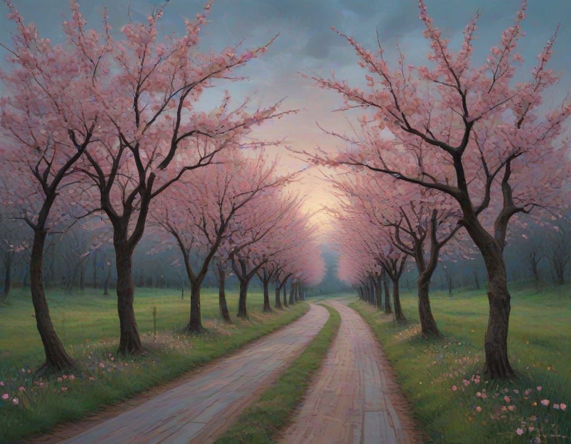 Surreal Cherry Blossom Avenue in a Dreamlike Landscape