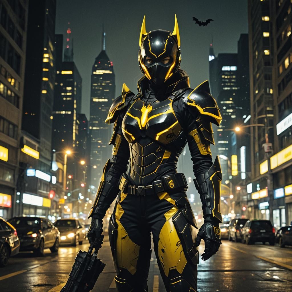 Armored Woman in Neon Cityscape with Bat Symbols