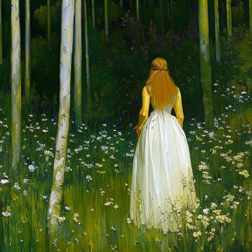 Woman in Wildflower Forest: An Oil Painting