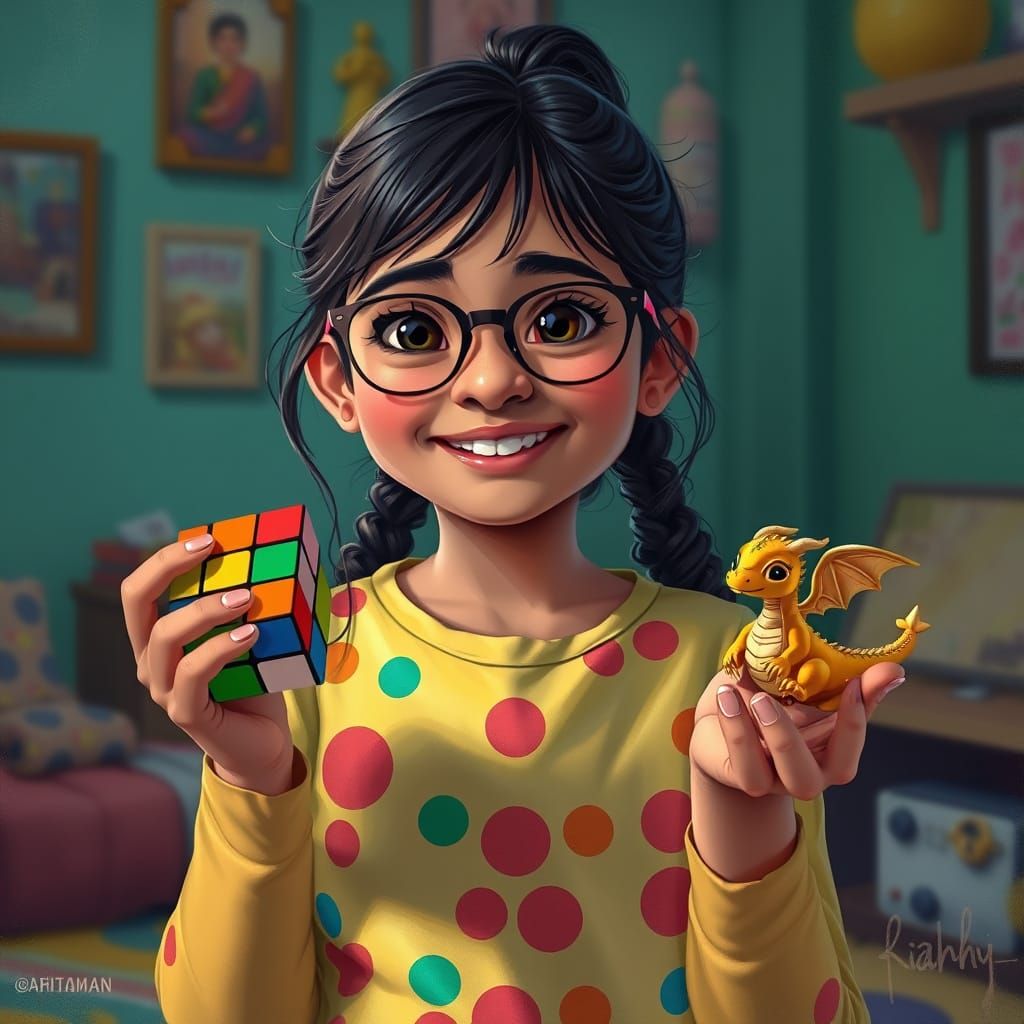 Smiling Indian Girl with Dragon Figurine, Digital Art