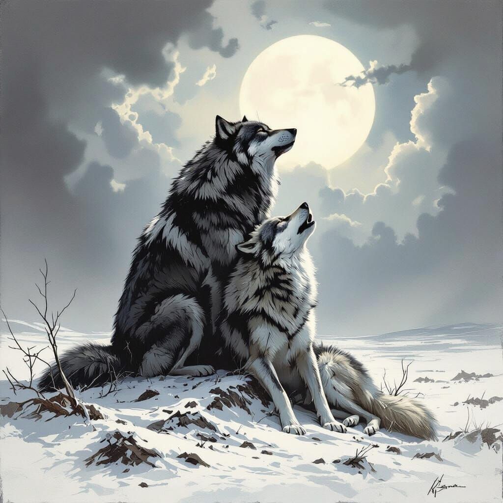 Wolves Howling on Tundra in Dark Fantasy Style