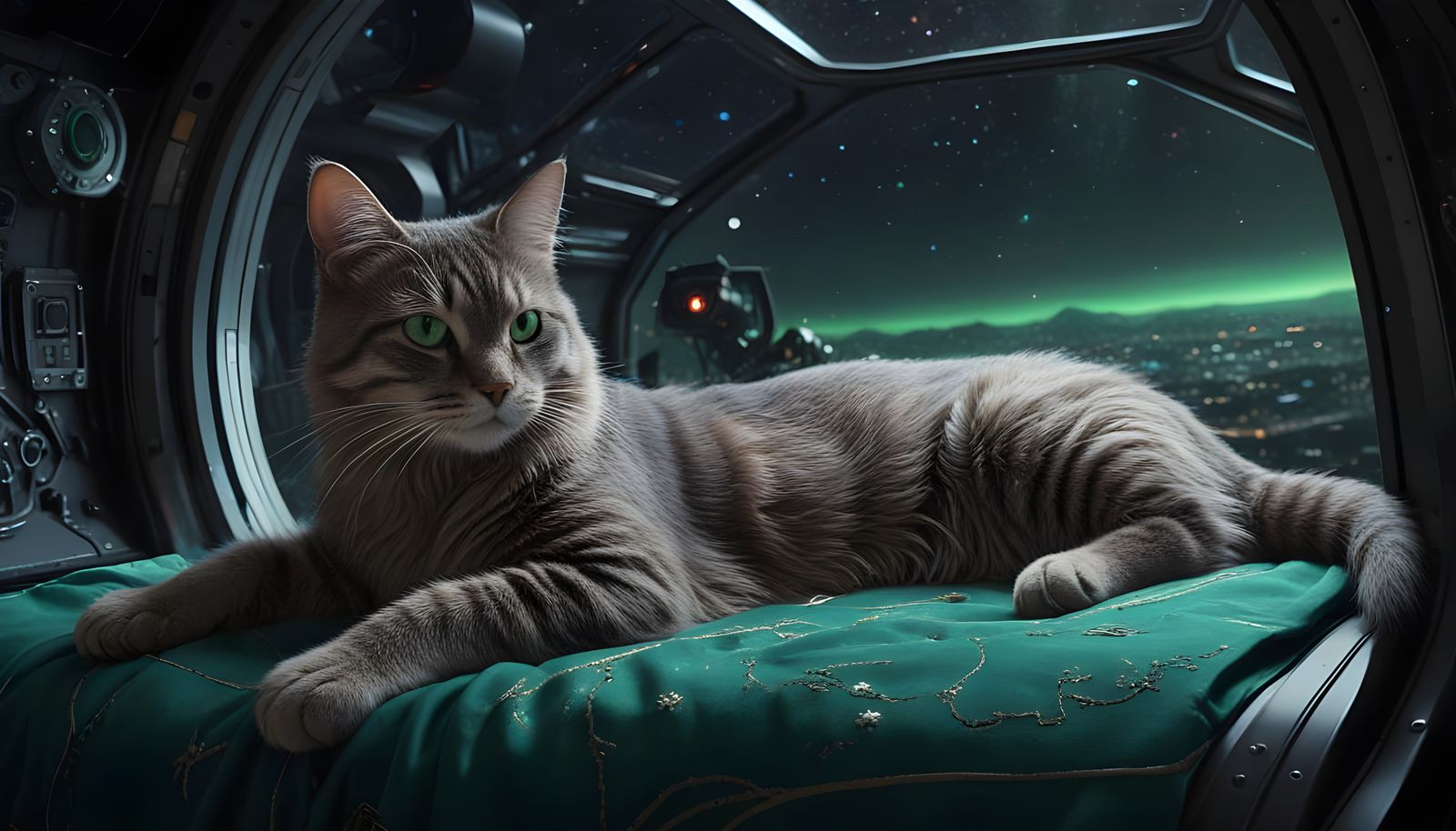 Regal Cat on Futuristic Space Station with Sleek Spaceships