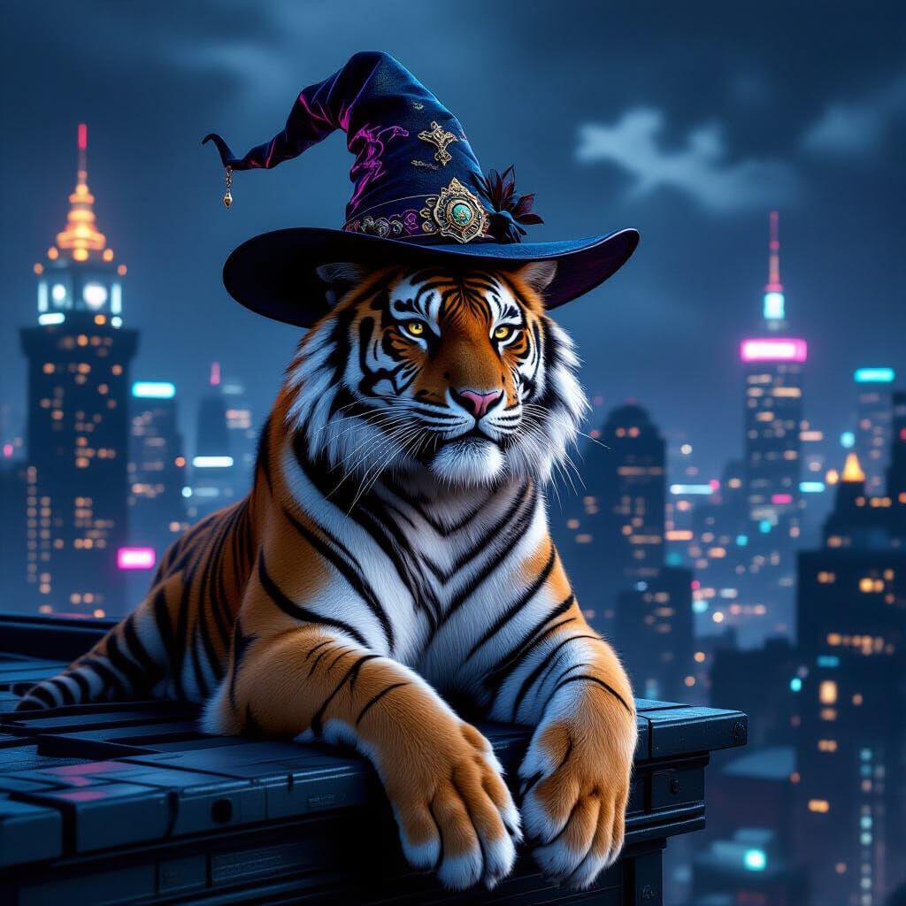 Cyberpunk Tiger on Rooftop Overlooking Neon City