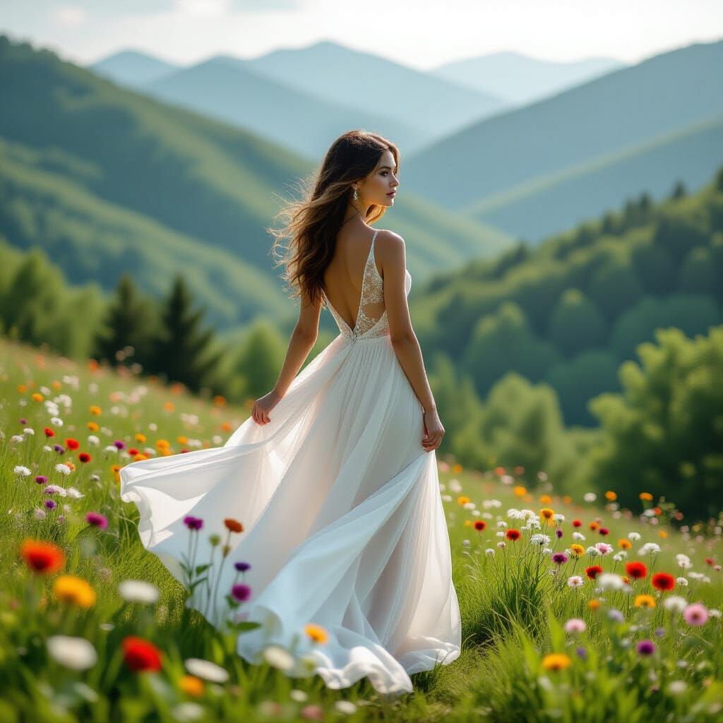 Floral Woman on Hill in Dreamy Landscape