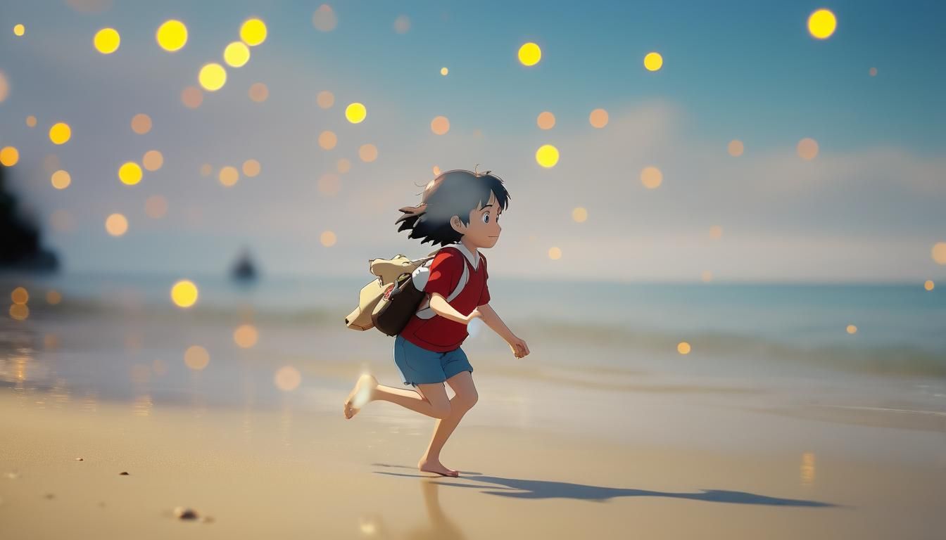 Vibrant Beach Scene in Studio Ghibli Style