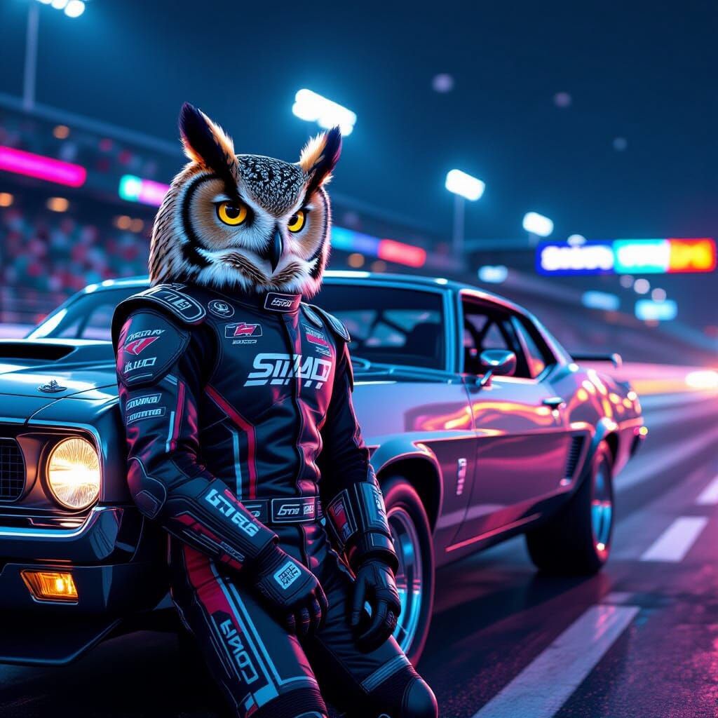 Owl Racer Leans on Muscle Car with Neon Racetrack