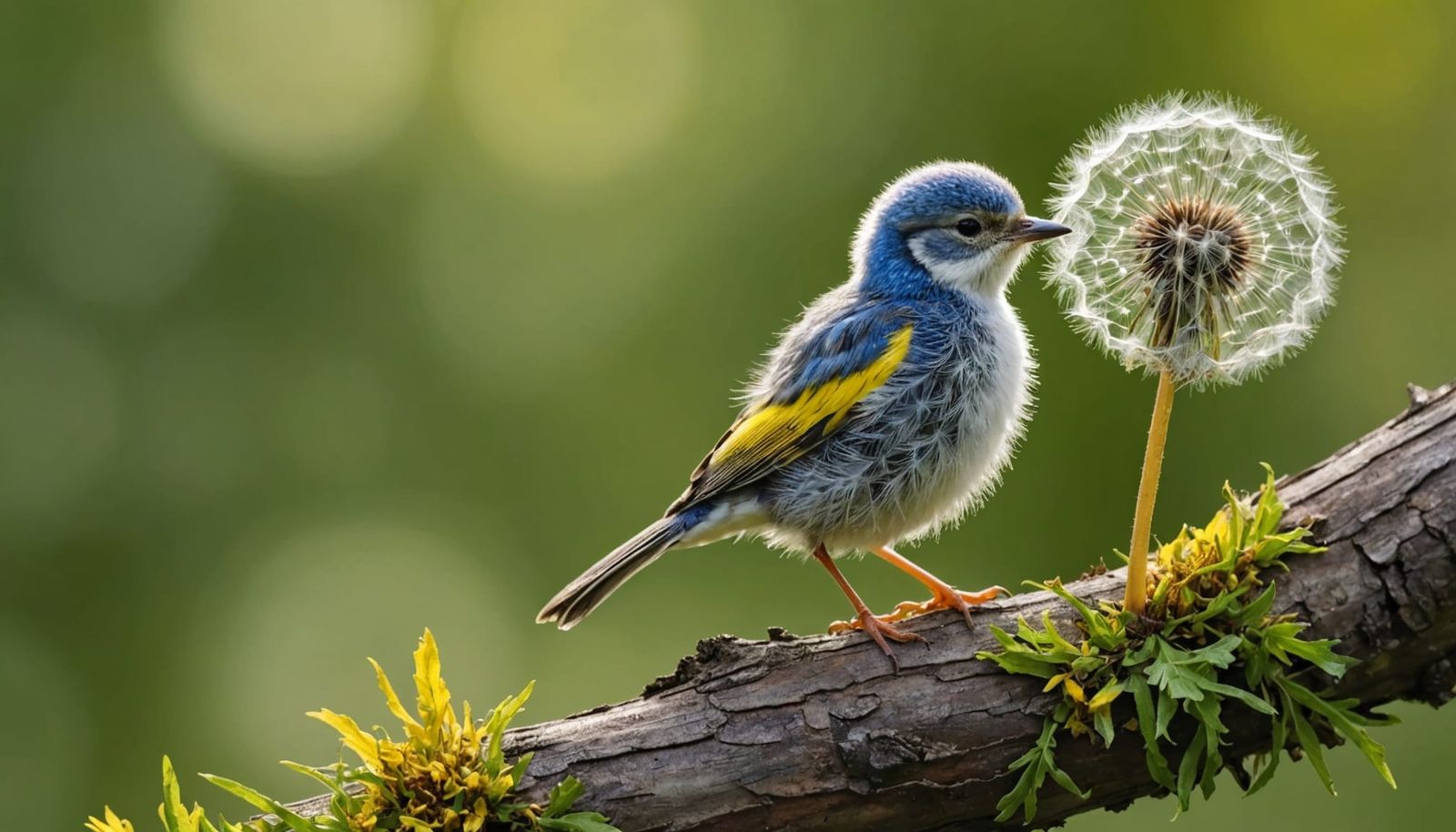 Vibrant Dandelion Bird in Whimsical Forest Scene