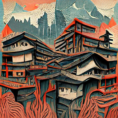 Japanese Woodblock-Style Chasm Landscape