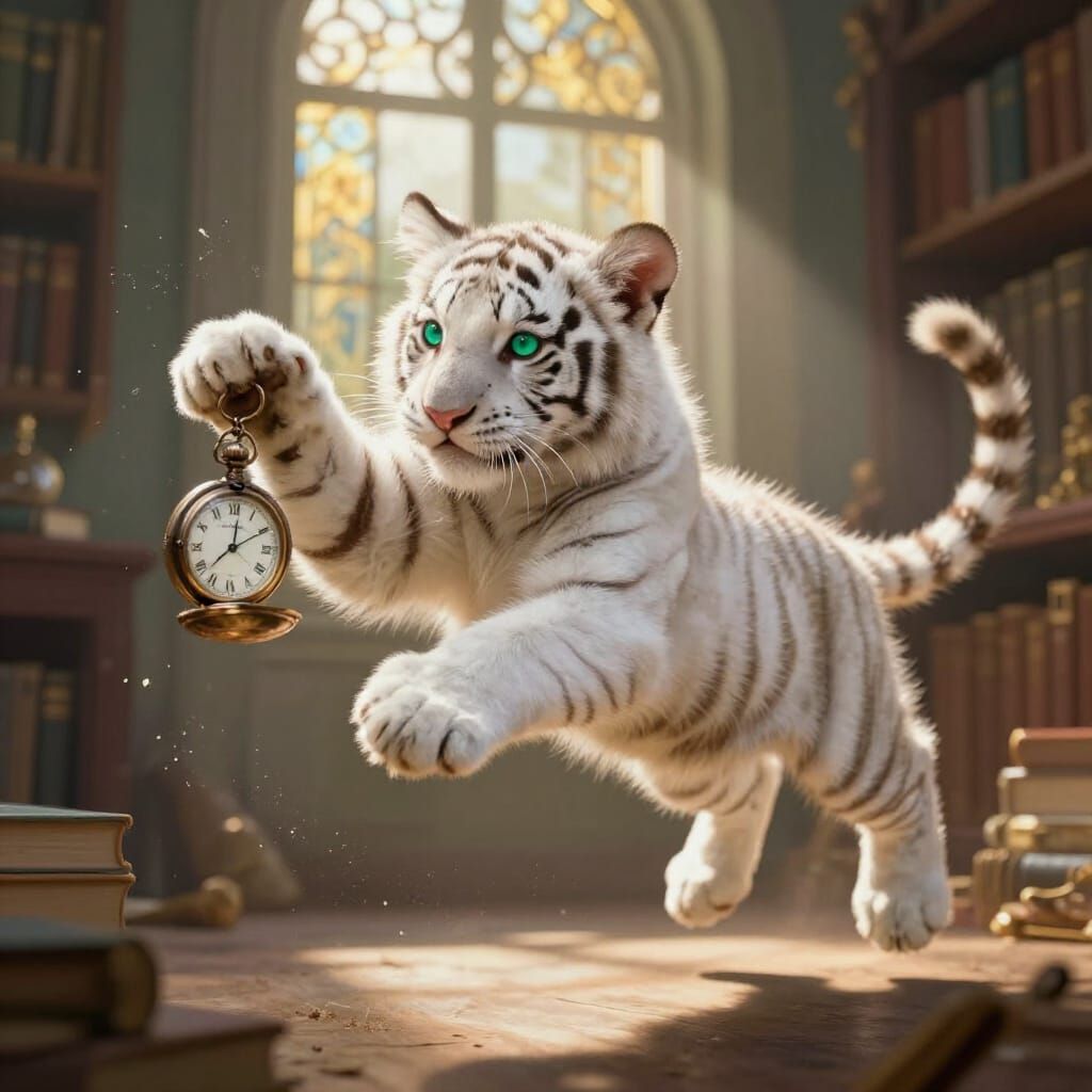 Playful White Tiger Cub Chases Pocket Watch in Sunlit Librar...