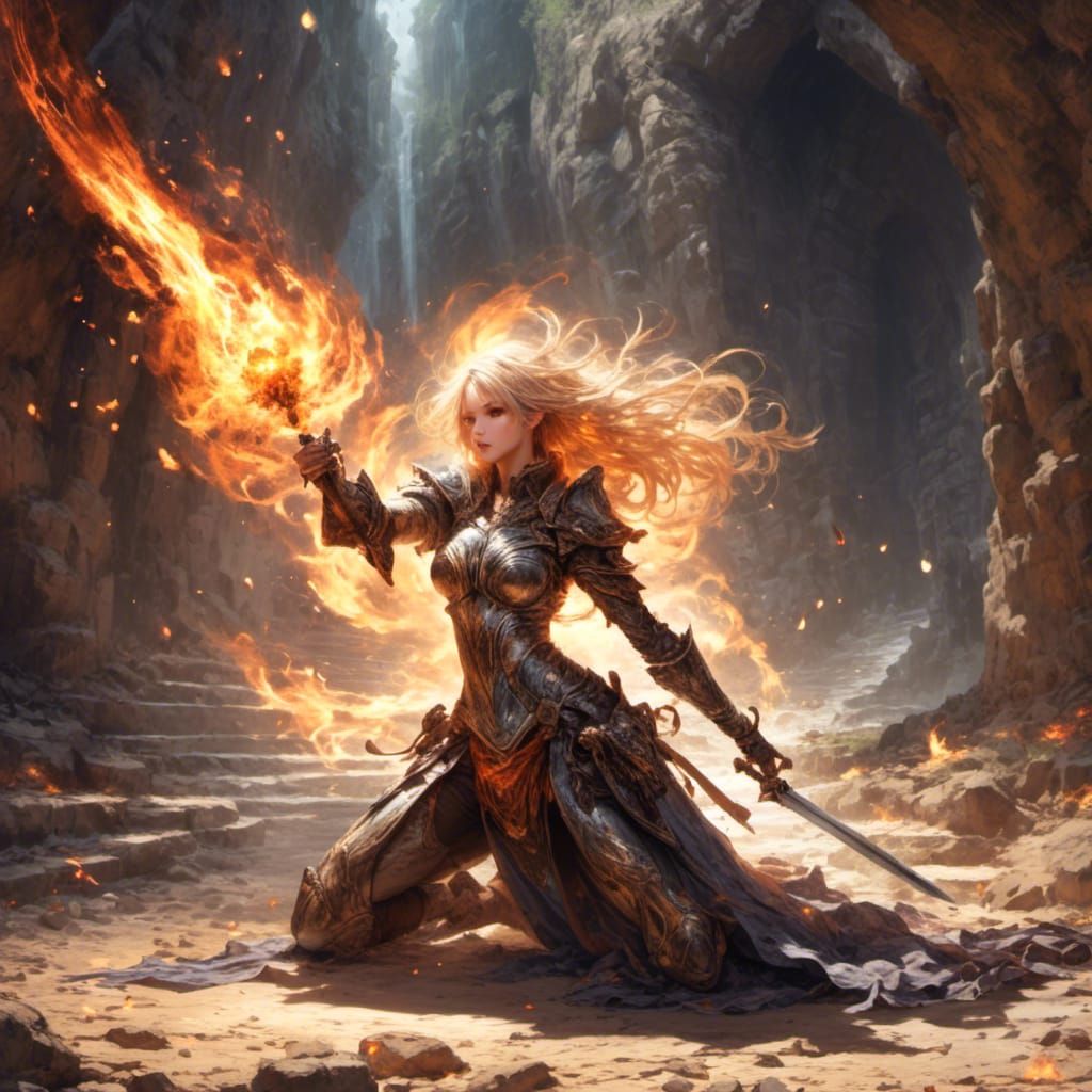 Fiery Woman Grips Flaming Sword in Cavern