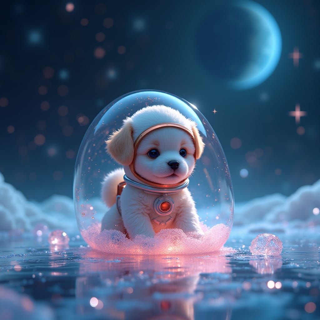 Celestial Puppy in Glowing Cosmic Ocean