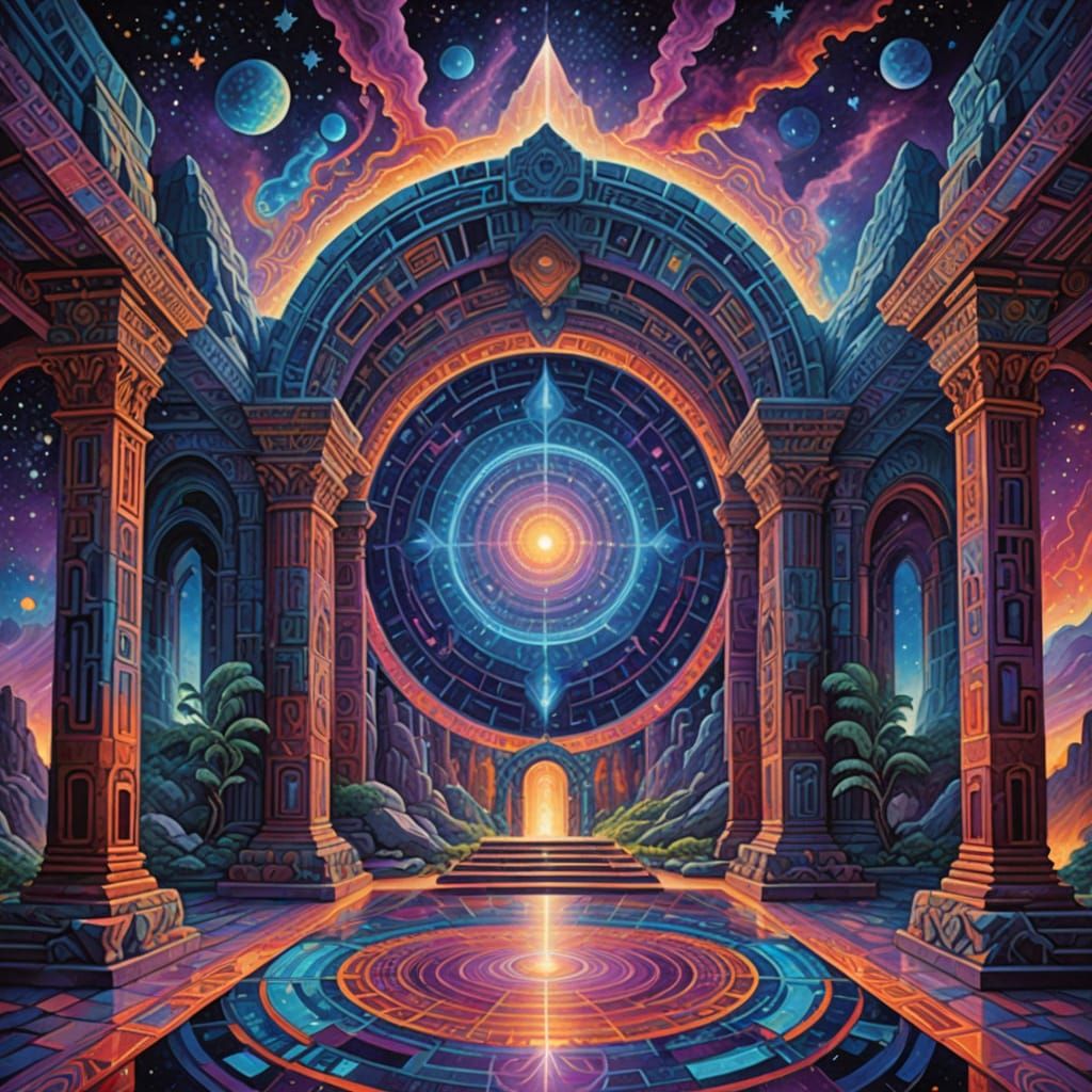 Cosmic Being Navigates Majestic Hall of Ancient Stones