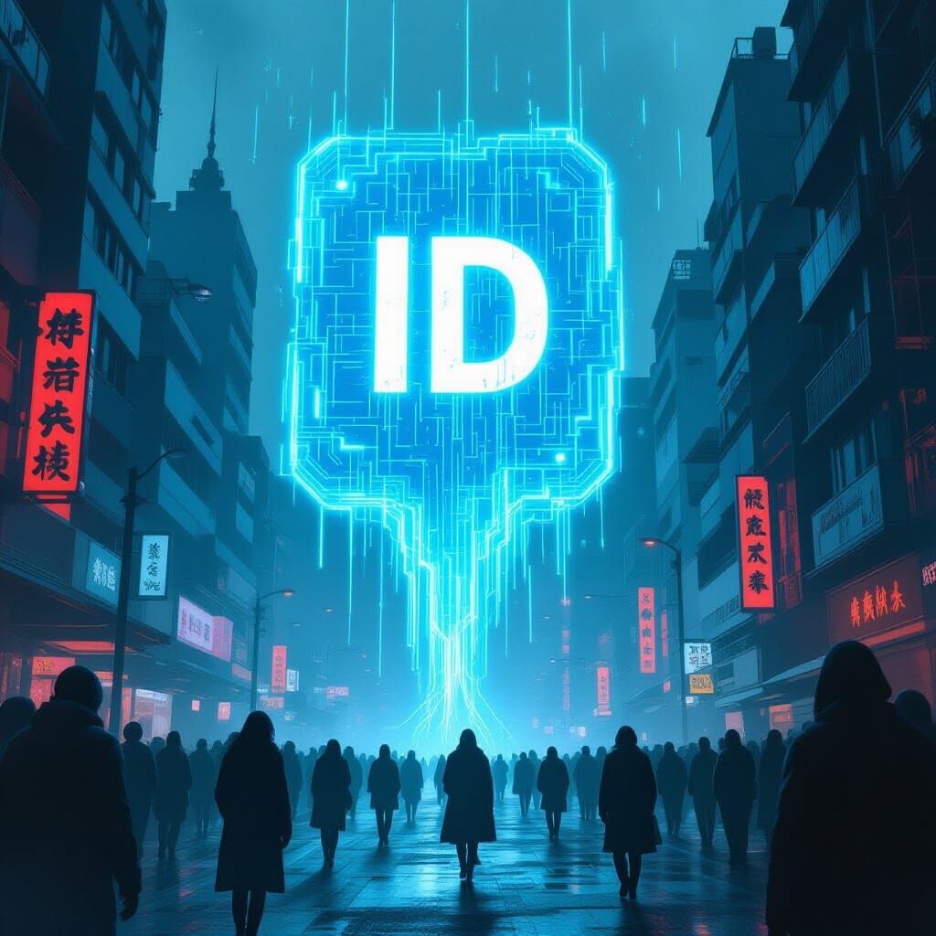 Dystopian Cityscape Overwhelmed by Oppressive Digital ID
