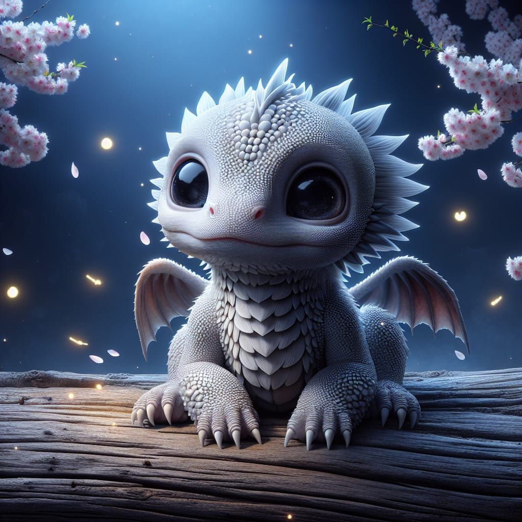 Lovable Baby White Dragon in Ethereal Night Scene