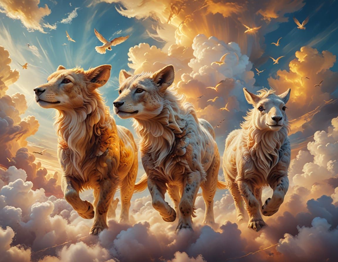 Animals Walking in Cloudy Sky: Surreal Oil Painting