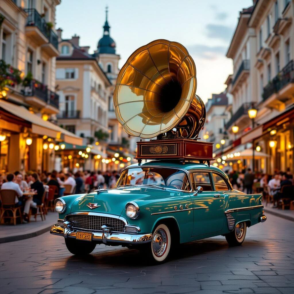 Vintage Car With Giant Speaker Drives Through Lively City Sq...