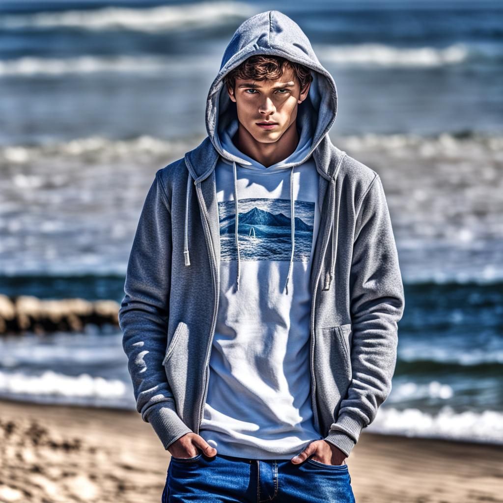Hyperrealistic Beach Portrait: White Hoodie and Air Jordans