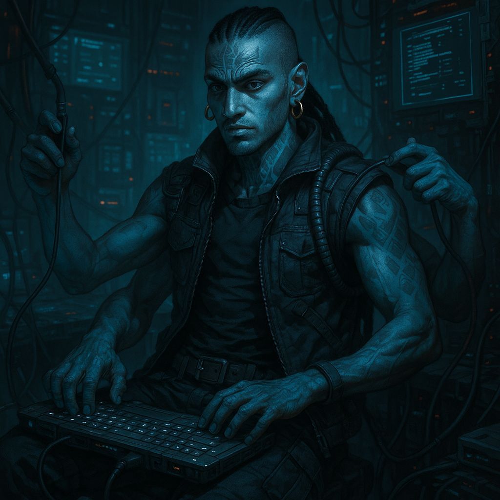 Shadowrun Male Nartaki Decker in Cyberpunk Style