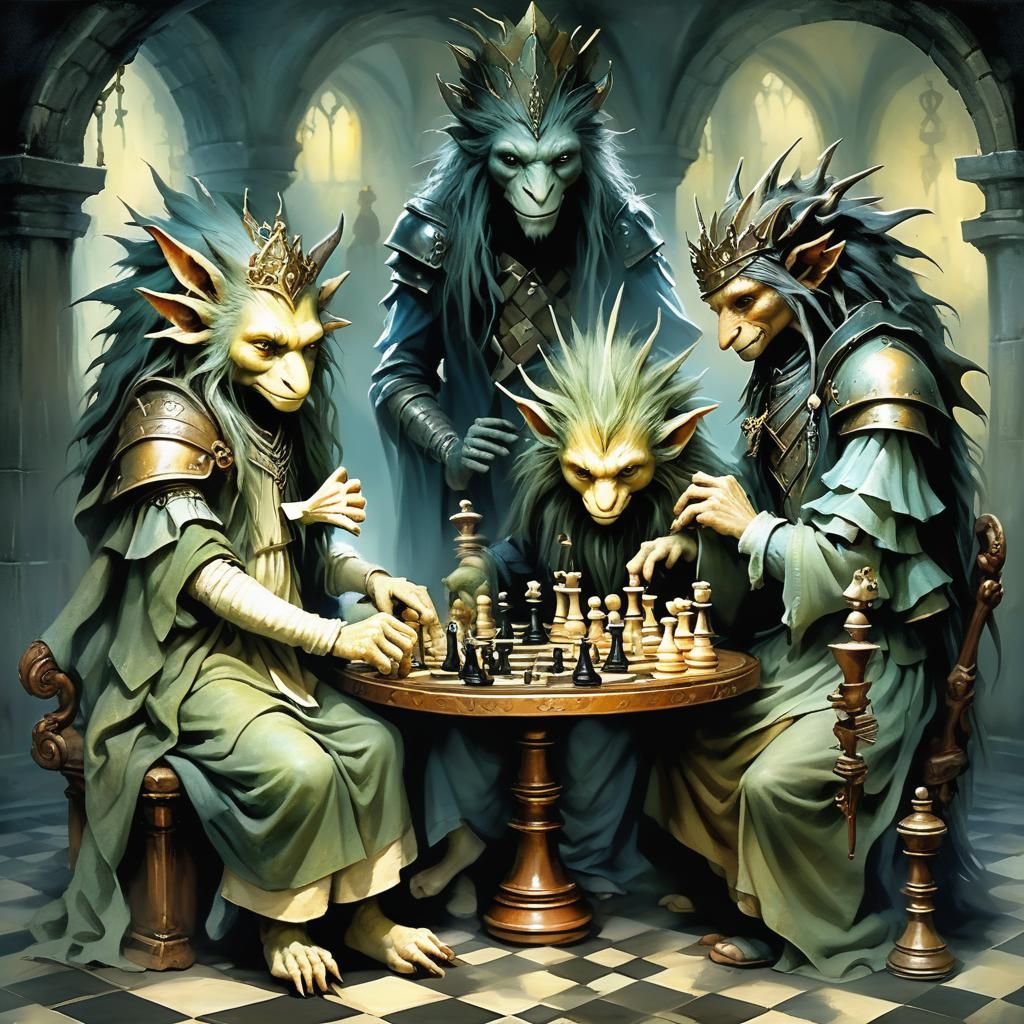 Storybook Creatures Playing Chess: Fantasy Art