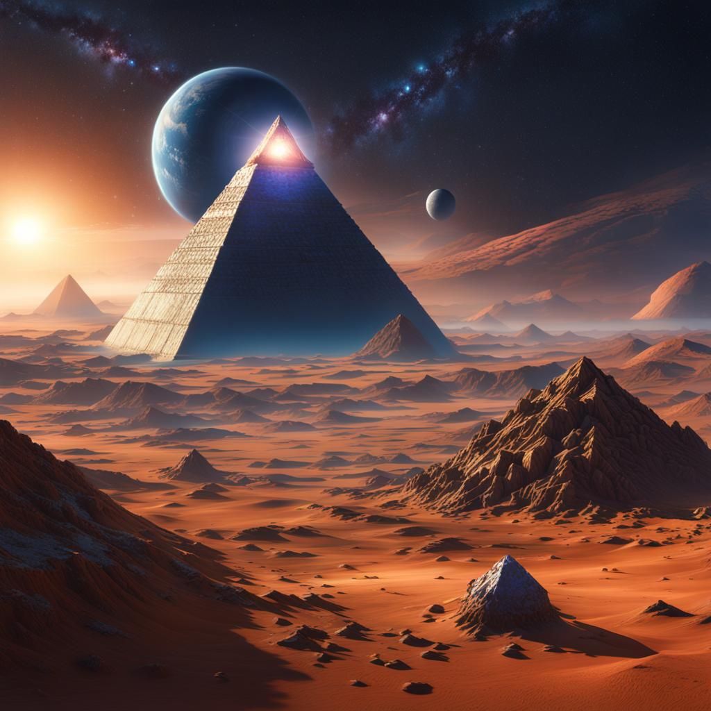 Pyramid Planet Orbiting Three Stars in Matte Painting