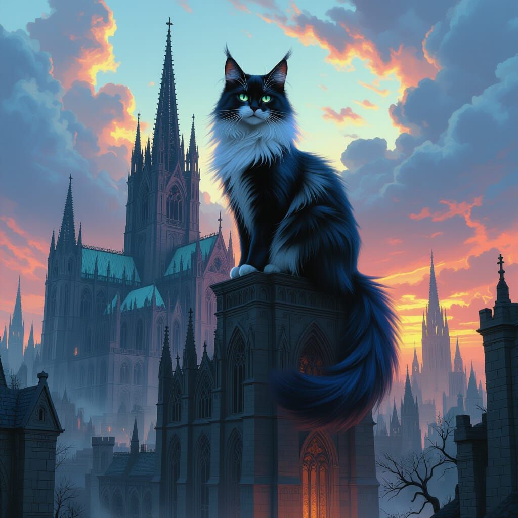 Iridescent Cat on Gothic Cathedral, Fantasy Concept Art