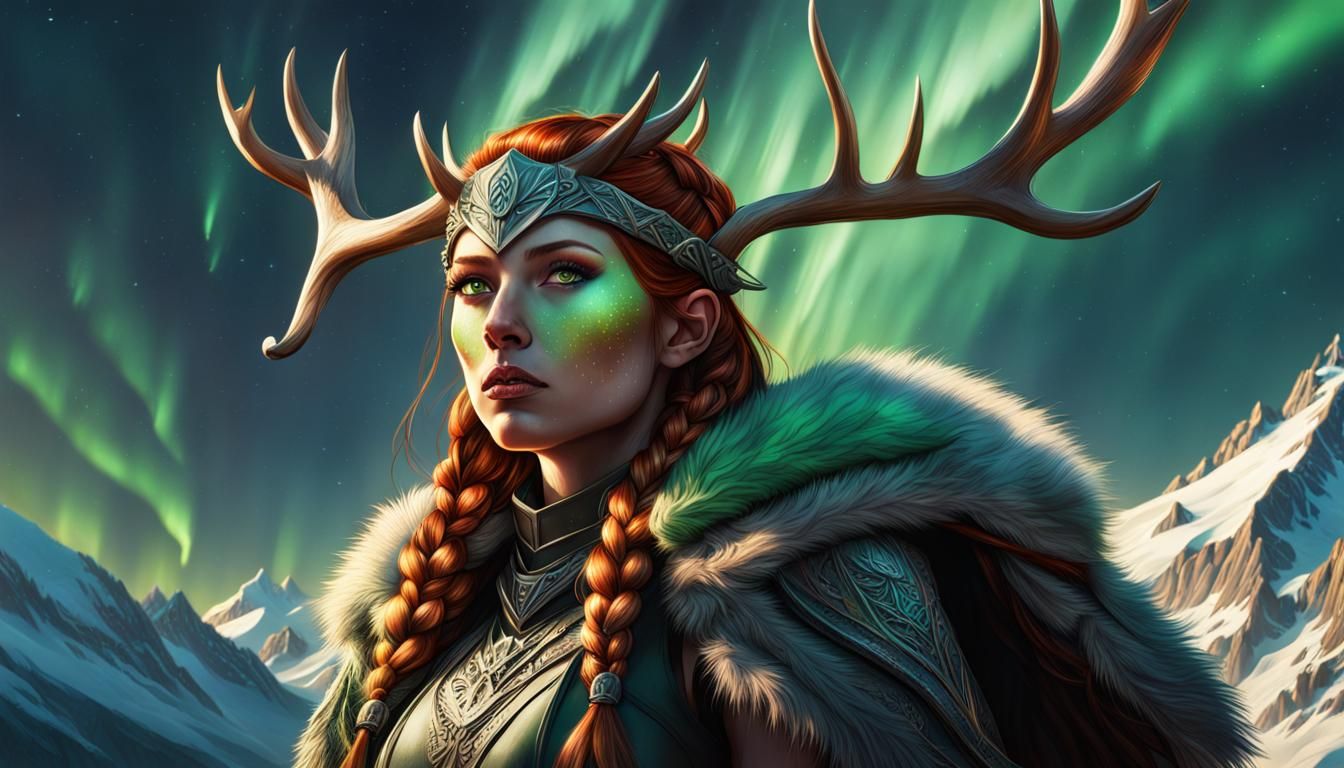 Redhead with Antlers in a Hyperrealistic Mountainscape