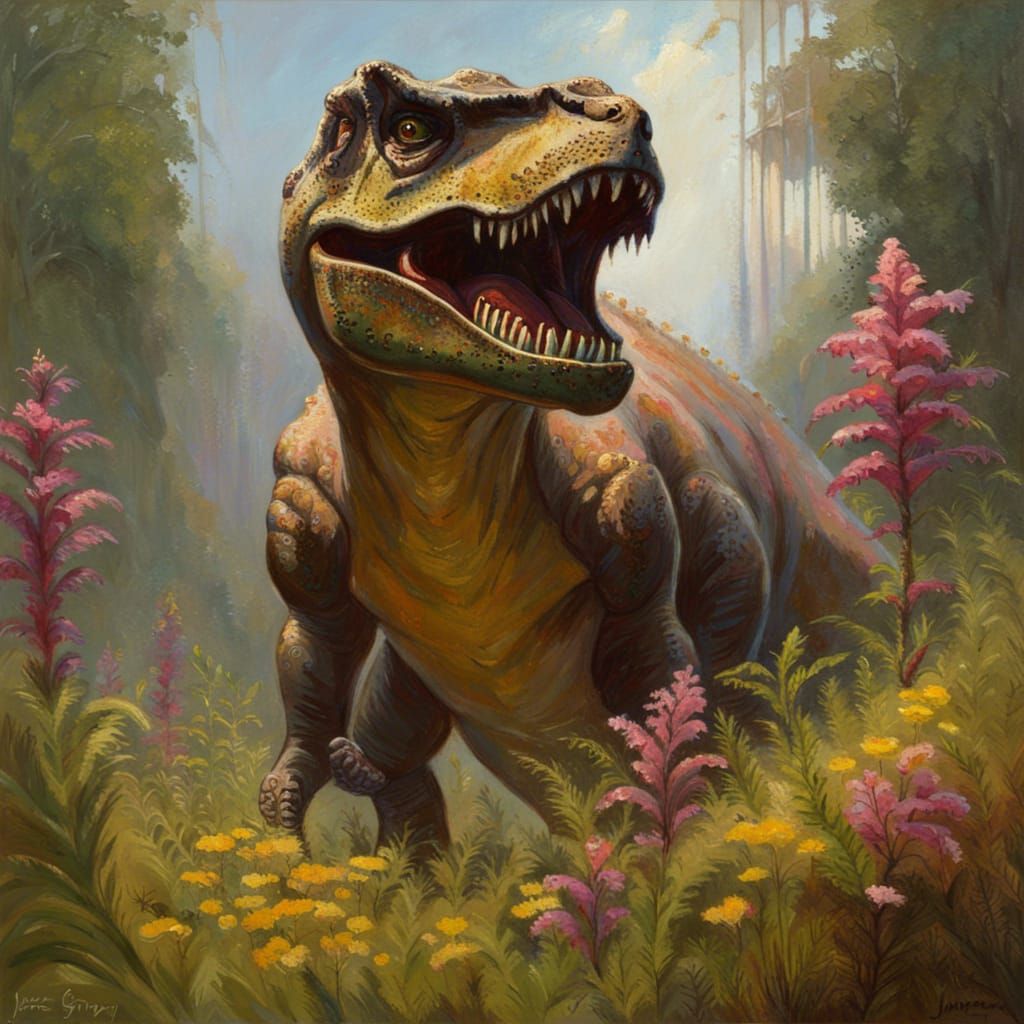 Gothic T-Rex in Prairie, Oil Painting