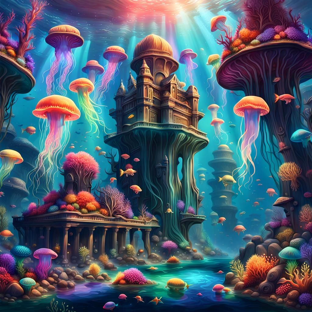 Vibrant Underwater City with Alien Jellyfish: Digital Art