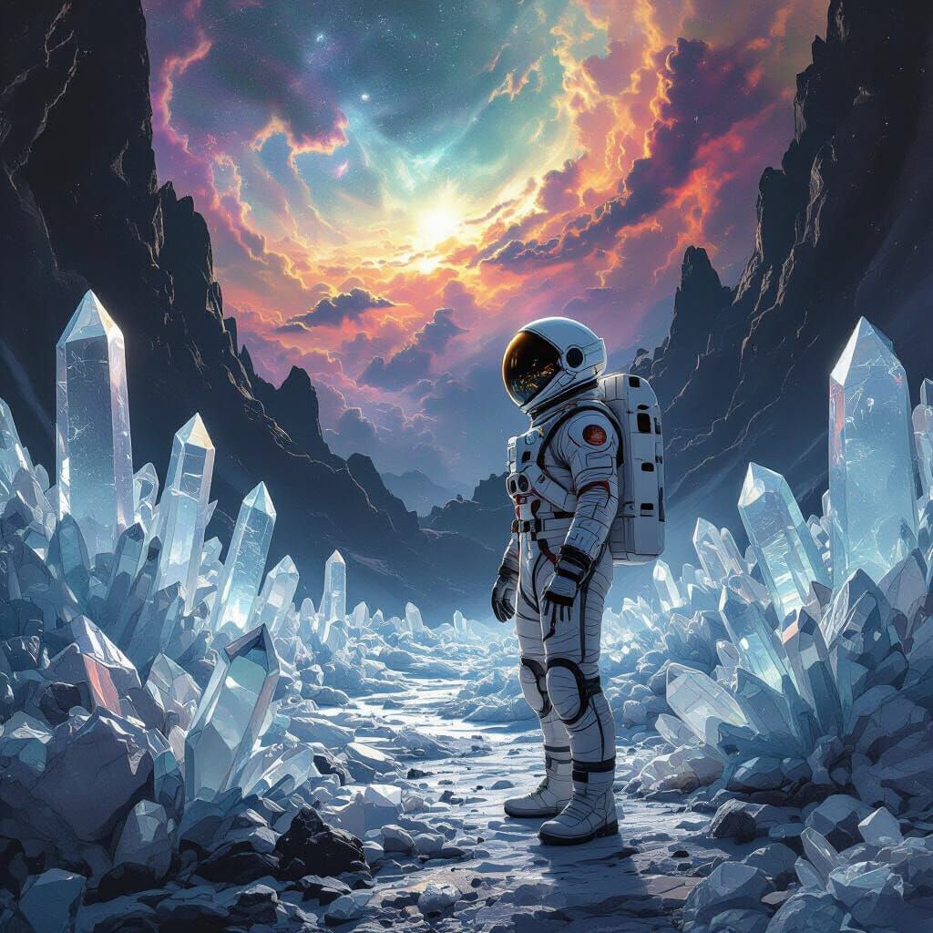 Astronaut in Crystalline Forest Under Dual Sky