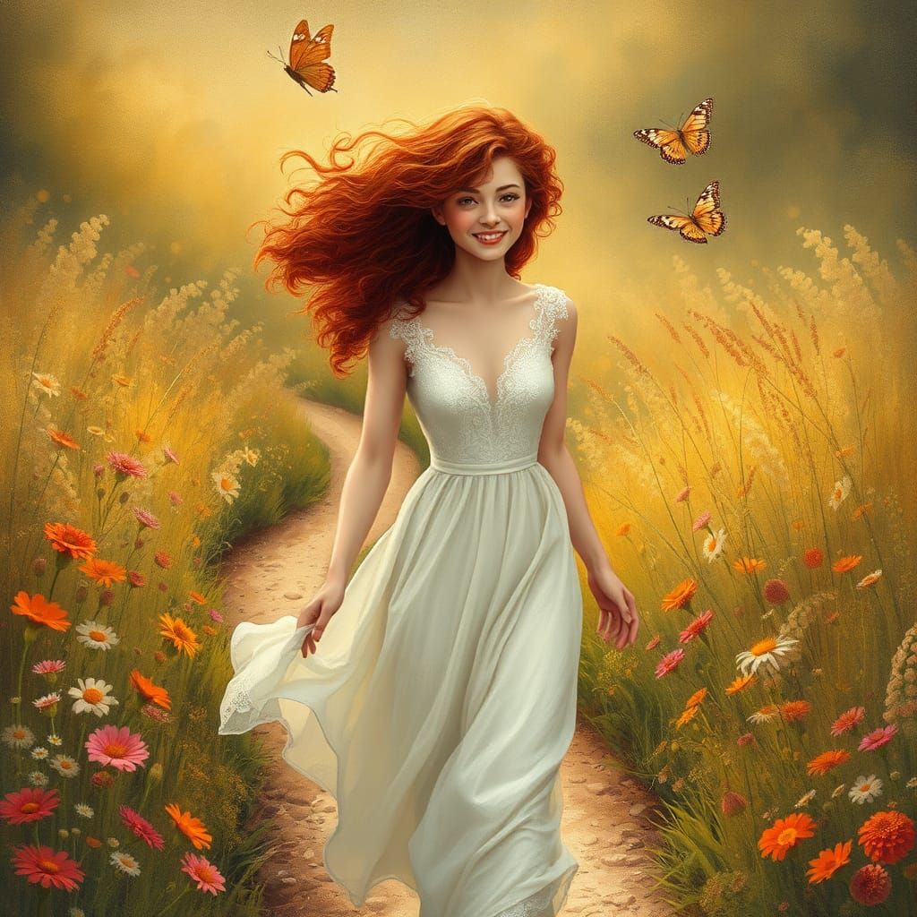 Redhead Woman in Wildflower Field, Romantic Style