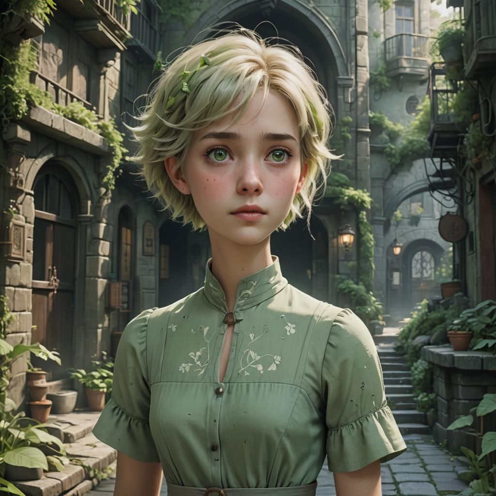 Ghibli-Burton Woman in Pastel Green Dress