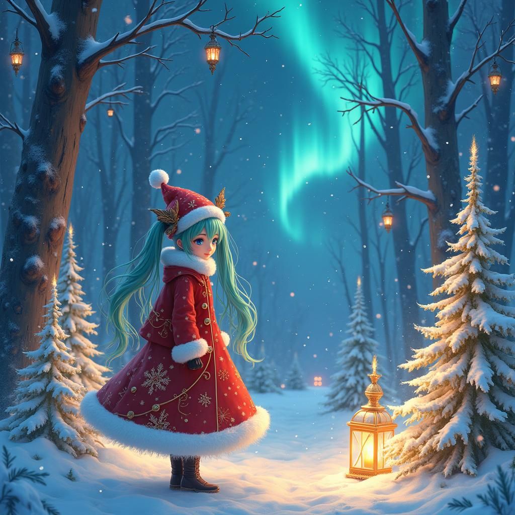 Hatsune Miku in Winter Forest, Fantasy Art