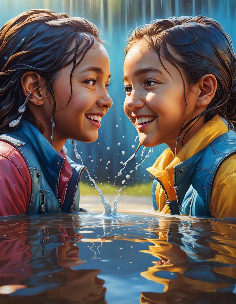 two girls are playing in a huge puddle of water looking at t...