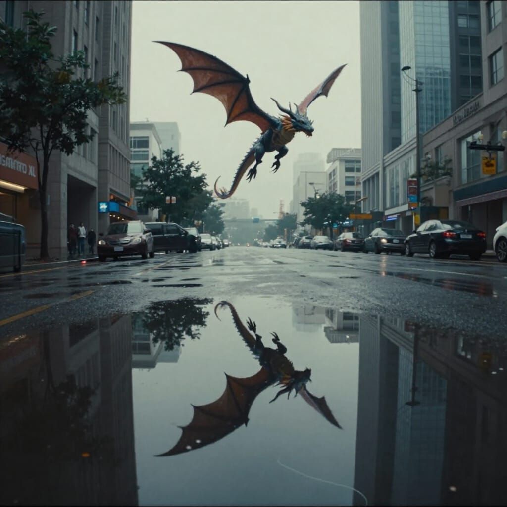 City Puddle Reflects Missing Dragon