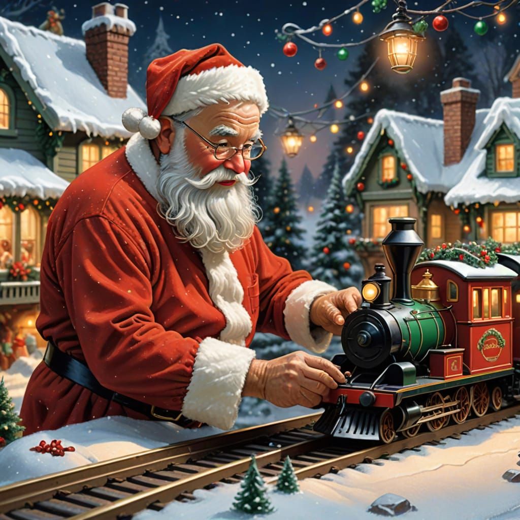 Santa Adjusts Model Train in Festive Workshop